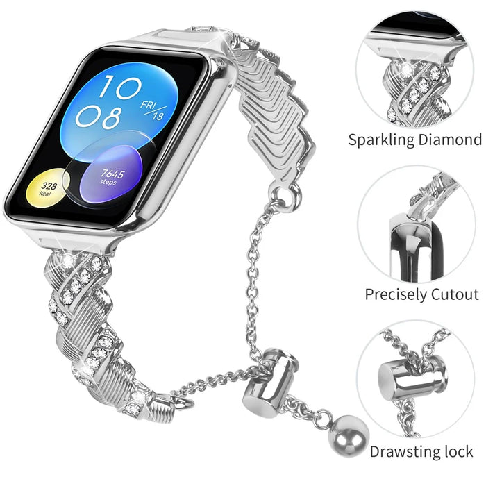 For Xiaomi Smart Band 10 Pro / 9 Pro / 8 Pro / Redmi Watch 6 / 5 / 4 Strap Drawstring Lock Zinc Alloy Rhinestone Decor Bracelet Watch Band - Silver - 3