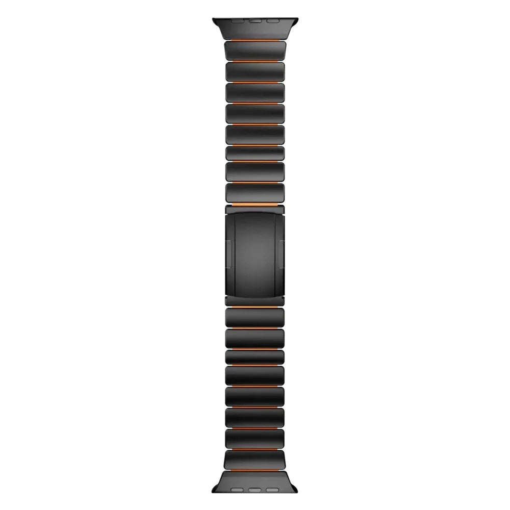 Watch Band For Apple Watch Ultra 3 2 1 49mm / Series 11 10 46mm / 9 8 7 45mm / SE3 SE2 SE 6 5 4 44mm / 3 2 1 42mm , 1-Bead Turtle Back Buckle Titanium Alloy Strap - Black + Orange - 2