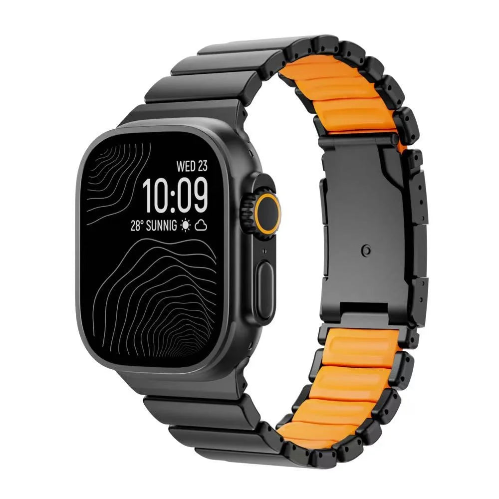Watch Band For Apple Watch Ultra 3 2 1 49mm / Series 11 10 46mm / 9 8 7 45mm / SE3 SE2 SE 6 5 4 44mm / 3 2 1 42mm , 1-Bead Turtle Back Buckle Titanium Alloy Strap - Black + Orange - 4