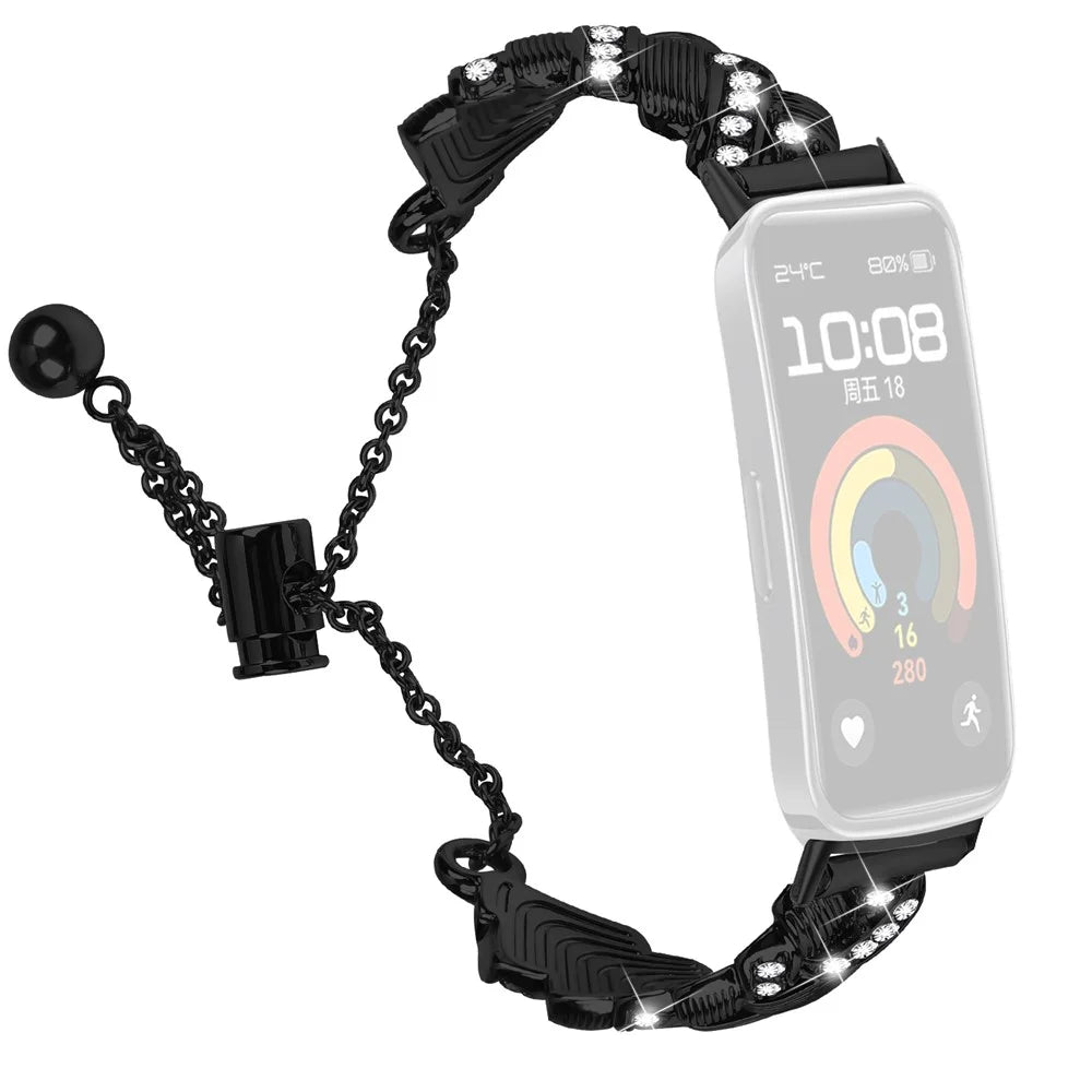 Watch Band For Huawei Band 10 / 9 / 8 , Drawstring Lock Electroplated Zinc Alloy Rhinestone Decor Bracelet Strap - Black - 1