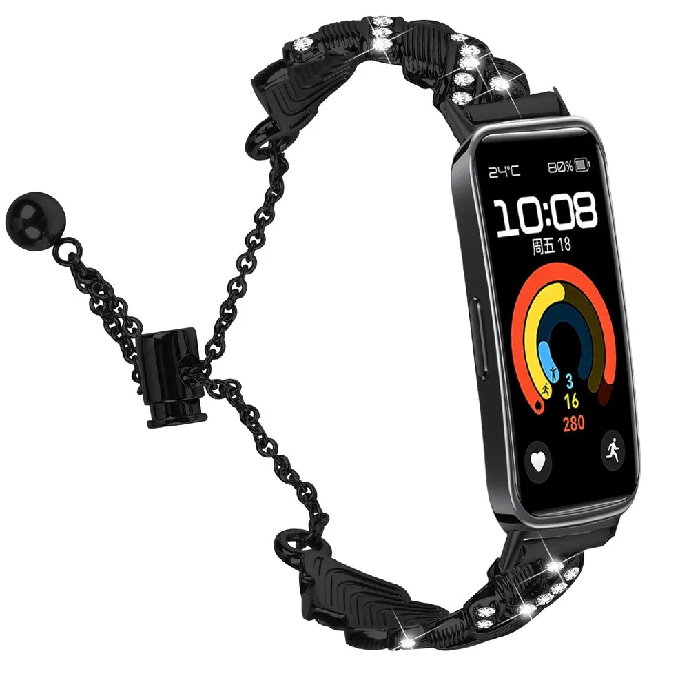Watch Band For Huawei Band 10 / 9 / 8 , Drawstring Lock Electroplated Zinc Alloy Rhinestone Decor Bracelet Strap - Black - 2