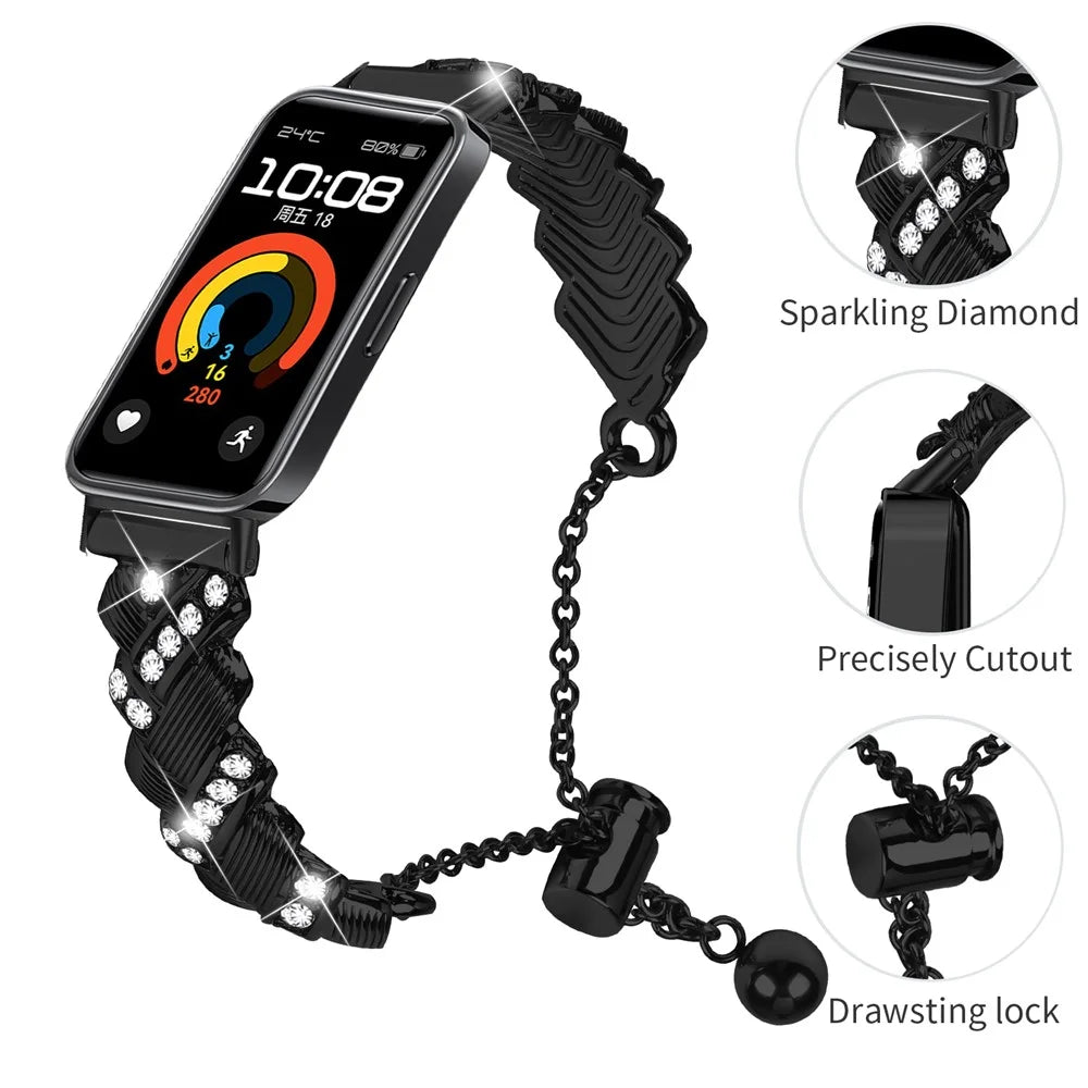 Watch Band For Huawei Band 10 / 9 / 8 , Drawstring Lock Electroplated Zinc Alloy Rhinestone Decor Bracelet Strap - Black - 3