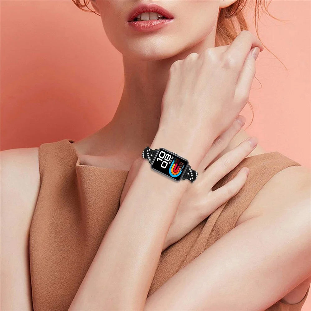 Watch Band For Huawei Band 10 / 9 / 8 , Drawstring Lock Electroplated Zinc Alloy Rhinestone Decor Bracelet Strap - Black - 5