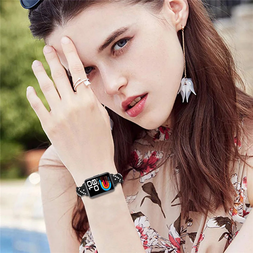 Watch Band For Huawei Band 10 / 9 / 8 , Drawstring Lock Electroplated Zinc Alloy Rhinestone Decor Bracelet Strap - Black - 6