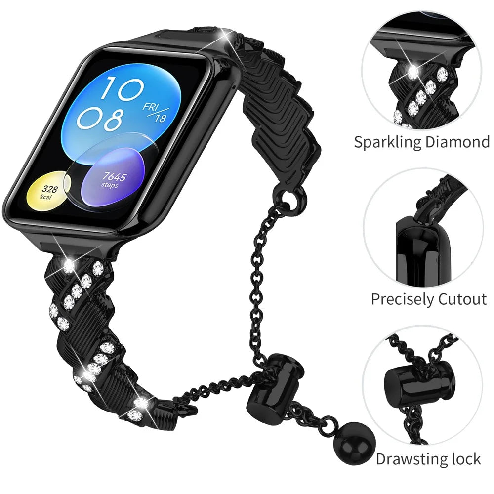 For Xiaomi Smart Band 10 Pro / 9 Pro / 8 Pro / Redmi Watch 6 / 5 / 4 Band Drawstring Lock Electroplated Zinc Alloy Rhinestone Decor Bracelet Watch Strap - Black - 3