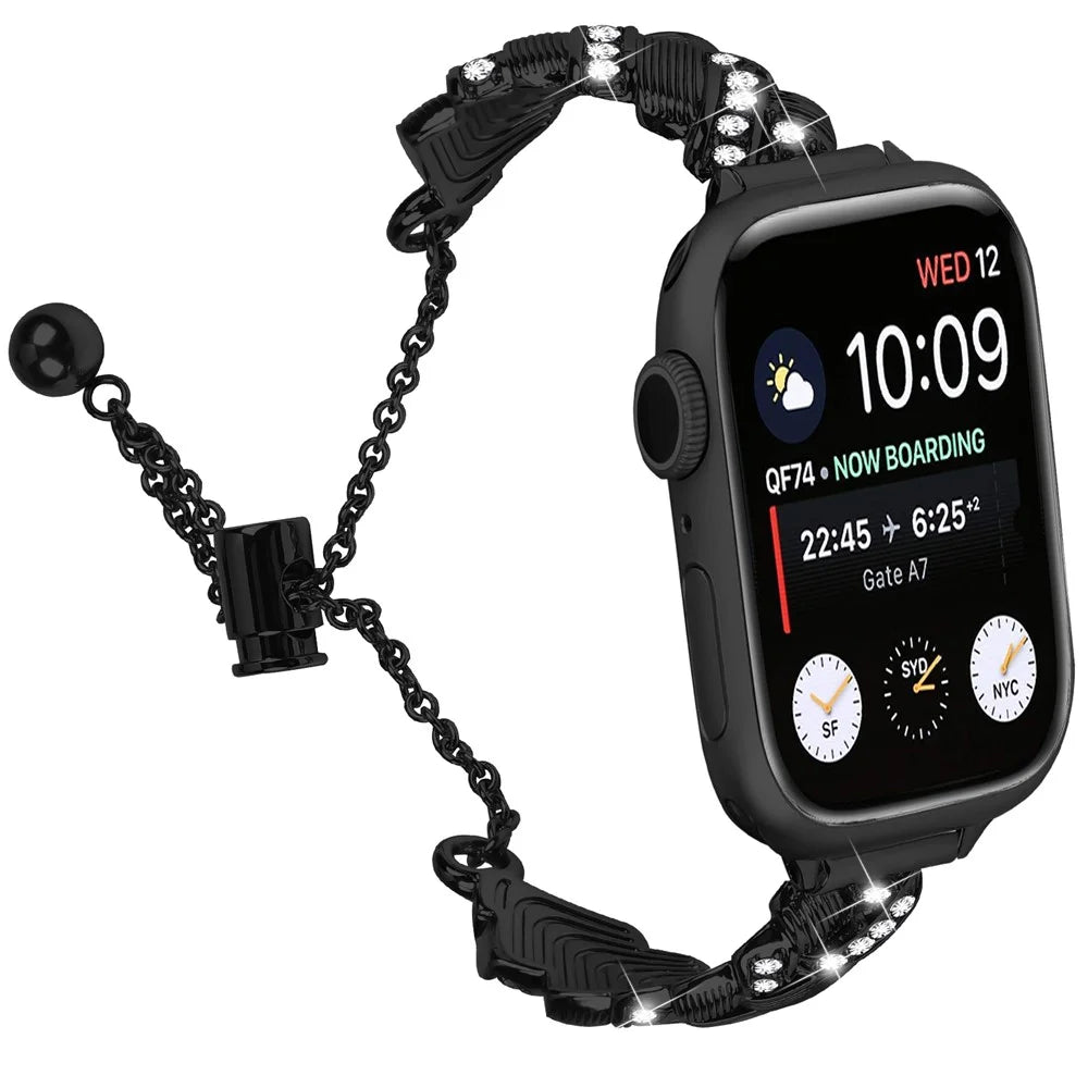 Watch Band For Apple Watch Ultra 3 2 1 49mm / Series 11 10 46mm / 9 8 7 45mm / SE3 SE2 SE 6 5 4 44mm / 3 2 1 42mm , Drawstring Lock Electroplated Zinc Alloy Rhinestone Decor Bracelet Strap - Black - 2