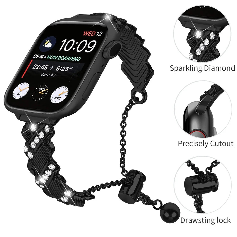 Watch Band For Apple Watch Ultra 3 2 1 49mm / Series 11 10 46mm / 9 8 7 45mm / SE3 SE2 SE 6 5 4 44mm / 3 2 1 42mm , Drawstring Lock Electroplated Zinc Alloy Rhinestone Decor Bracelet Strap - Black - 3