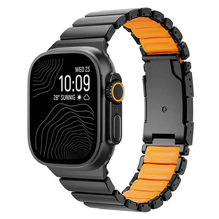 Dual-Color Watch Band for Apple Watch Ultra 3 2 1 49mm  /  Series 11 10 46mm  /  9 8 7 45mm  /  SE3 SE2 SE 6 5 4 44mm  /  3 2 1 42mm Titanium Metal Silicone Strap Turtle Buckle - Black / Orange - 2