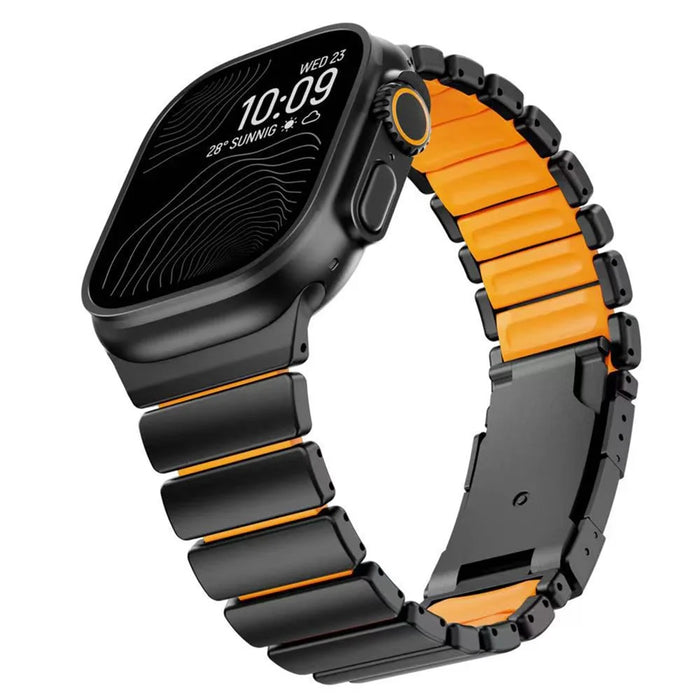Dual-Color Watch Band for Apple Watch Ultra 3 2 1 49mm  /  Series 11 10 46mm  /  9 8 7 45mm  /  SE3 SE2 SE 6 5 4 44mm  /  3 2 1 42mm Titanium Metal Silicone Strap Turtle Buckle - Black / Orange - 4