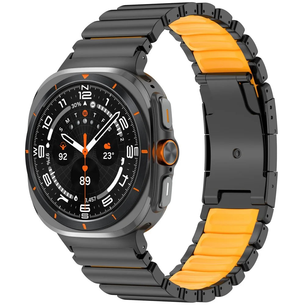 Dual-Color Watch Band for Samsung Galaxy Watch8 44mm / 40mm / 8 Classic 46mm Titanium Metal Silicone Strap Turtle Buckle - Black / Orange - 2