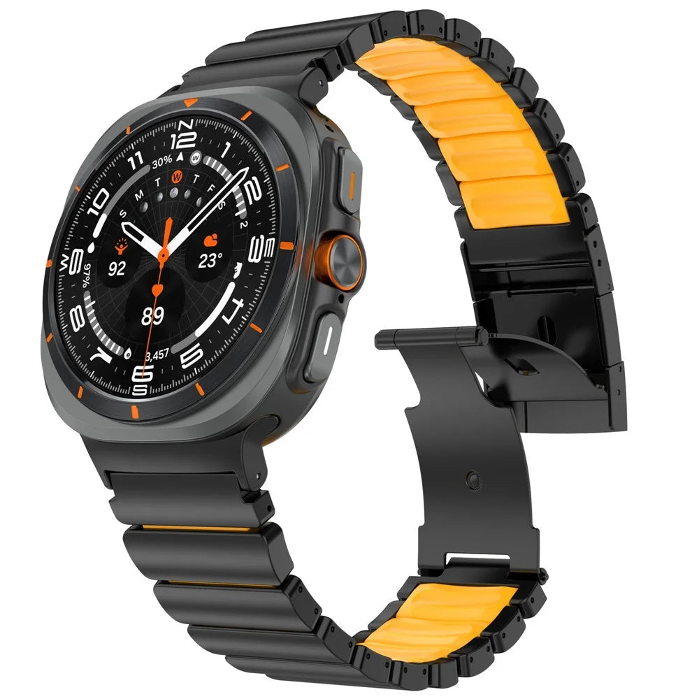 Dual-Color Watch Band for Samsung Galaxy Watch8 44mm / 40mm / 8 Classic 46mm Titanium Metal Silicone Strap Turtle Buckle - Black / Orange - 3