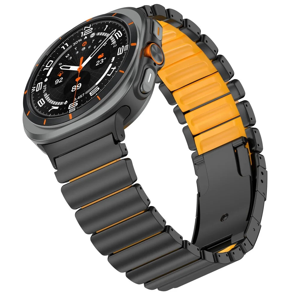 Dual-Color Watch Band for Samsung Galaxy Watch8 44mm / 40mm / 8 Classic 46mm Titanium Metal Silicone Strap Turtle Buckle - Black / Orange - 4