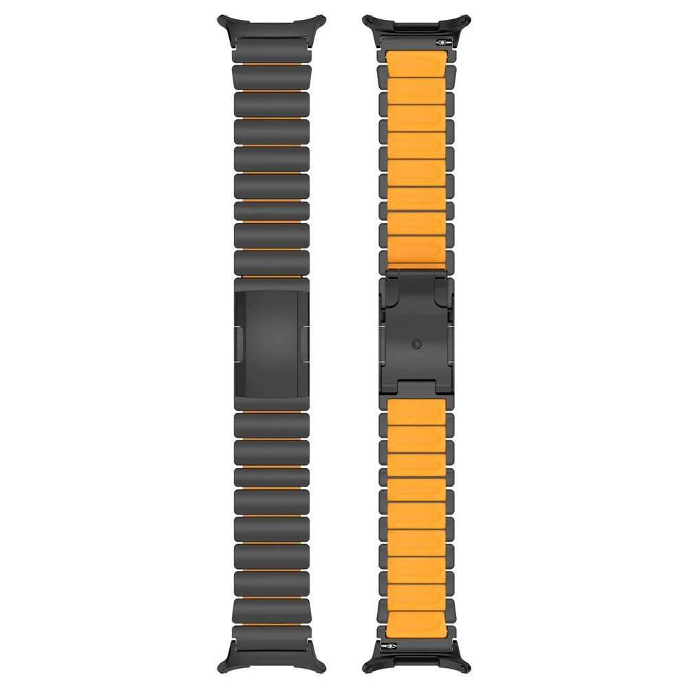 Dual-Color Watch Band for Samsung Galaxy Watch8 44mm / 40mm / 8 Classic 46mm Titanium Metal Silicone Strap Turtle Buckle - Black / Orange - 7