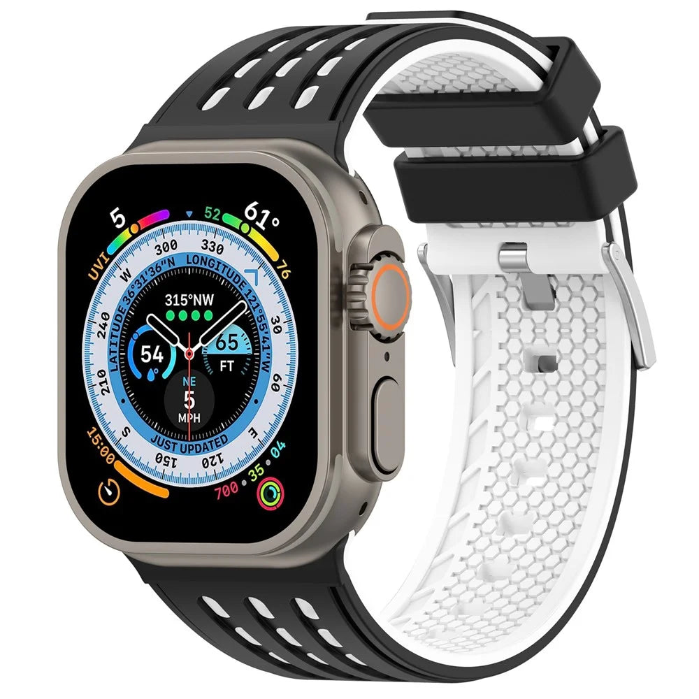 Watch Band For Apple Watch Ultra 3 2 1 49mm  /  Series 11 10 46mm  /  9 8 7 45mm  /  SE3 SE2 SE 6 5 4 44mm  /  3 2 1 42mm Vertical Hole Breathable Dual Color Silicone Strap - Black  /  White - 4