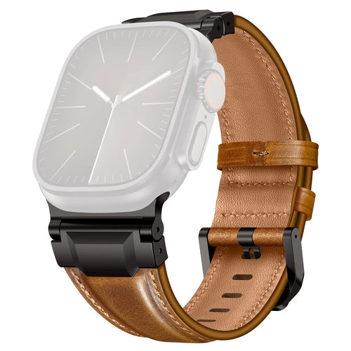 Top Layer Cowhide Leather Strap for Apple Watch Ultra 3 2 1 49mm  /  Series 11 10 46mm  /  9 8 7 45mm  /  SE3 SE2 SE 6 5 4 44mm  /  3 2 1 42mm Watch Band with Stainless Steel Connector - Retro Brown / Black Buckle - 1