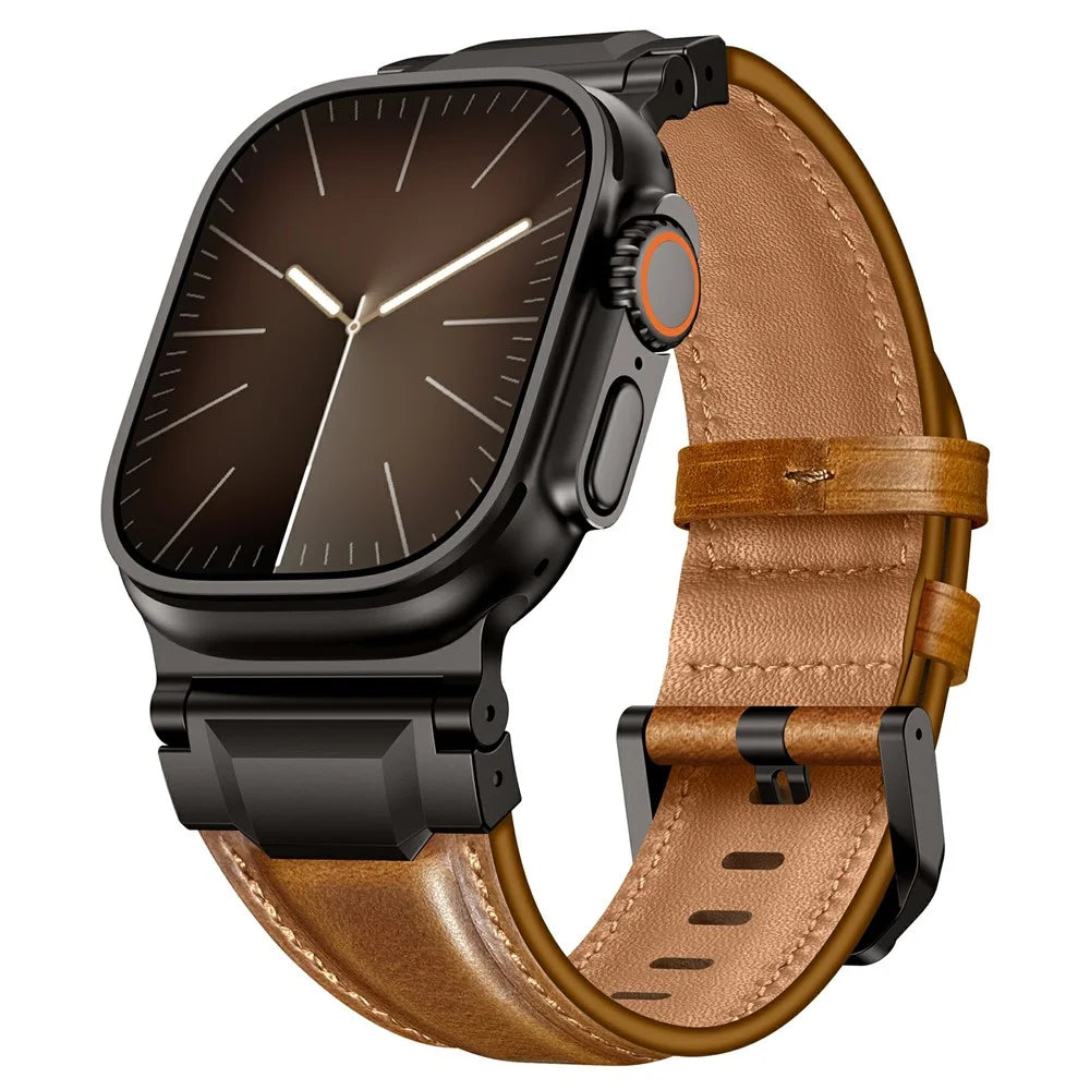 Top Layer Cowhide Leather Strap for Apple Watch Ultra 3 2 1 49mm  /  Series 11 10 46mm  /  9 8 7 45mm  /  SE3 SE2 SE 6 5 4 44mm  /  3 2 1 42mm Watch Band with Stainless Steel Connector - Retro Brown / Black Buckle - 2