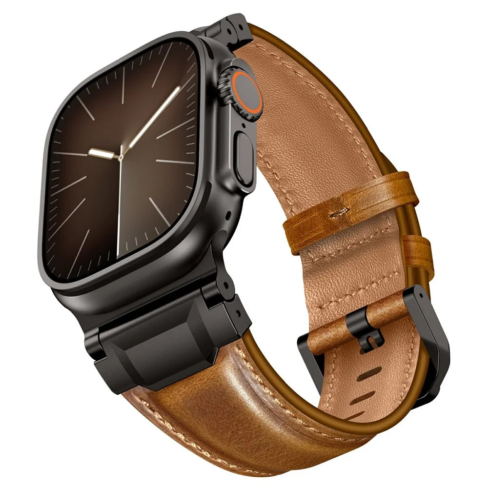Top Layer Cowhide Leather Strap for Apple Watch Ultra 3 2 1 49mm  /  Series 11 10 46mm  /  9 8 7 45mm  /  SE3 SE2 SE 6 5 4 44mm  /  3 2 1 42mm Watch Band with Stainless Steel Connector - Retro Brown / Black Buckle - 3