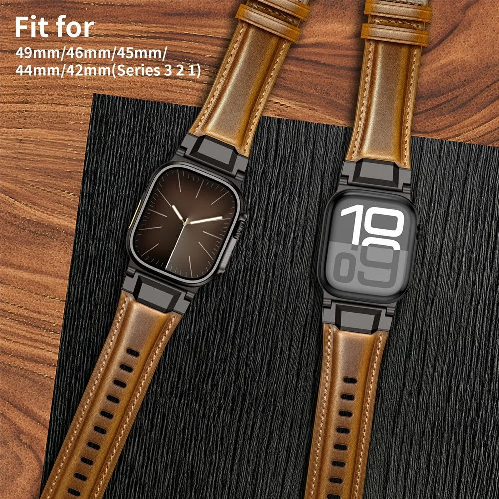 Top Layer Cowhide Leather Strap for Apple Watch Ultra 3 2 1 49mm  /  Series 11 10 46mm  /  9 8 7 45mm  /  SE3 SE2 SE 6 5 4 44mm  /  3 2 1 42mm Watch Band with Stainless Steel Connector - Retro Brown / Black Buckle - 5