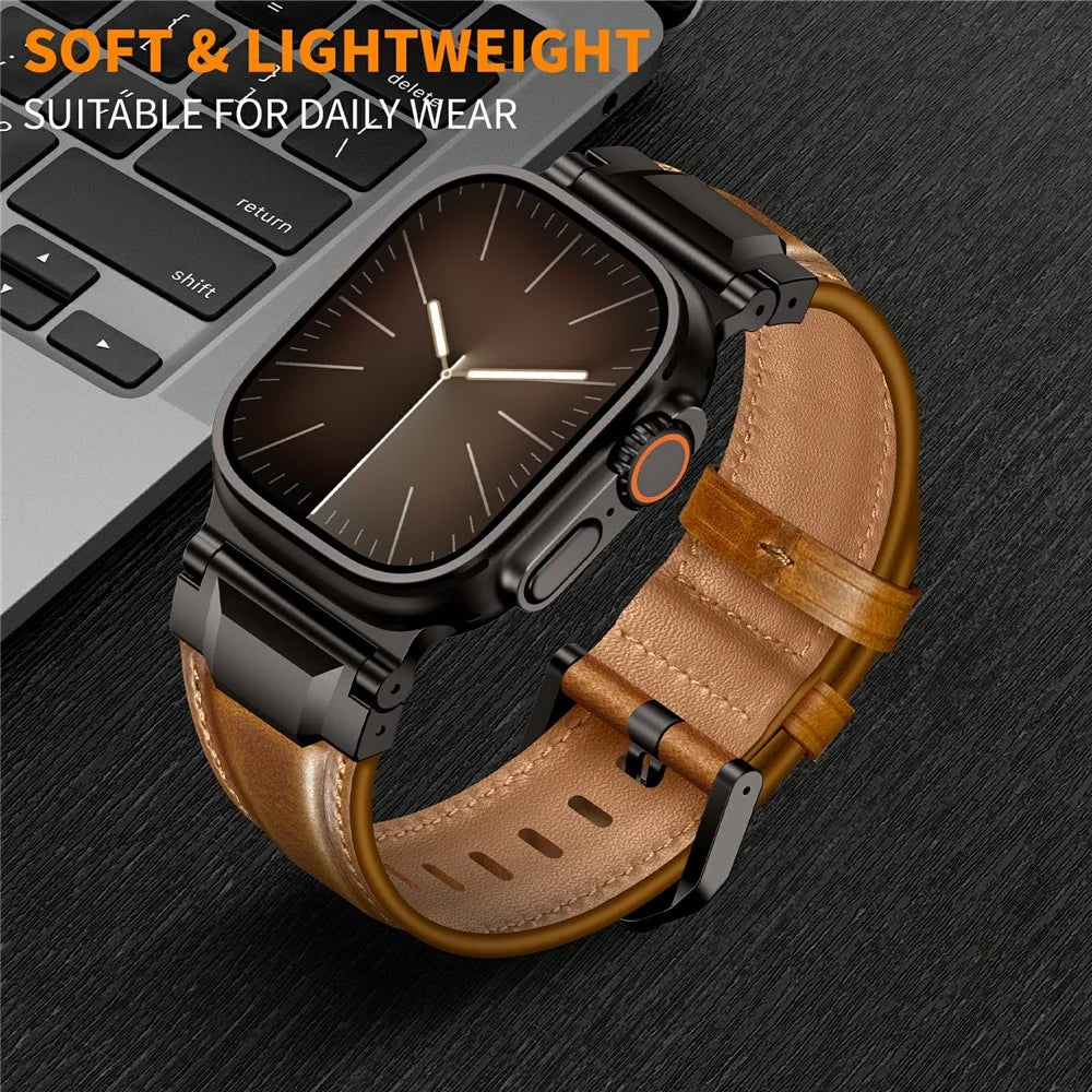 Top Layer Cowhide Leather Strap for Apple Watch Ultra 3 2 1 49mm  /  Series 11 10 46mm  /  9 8 7 45mm  /  SE3 SE2 SE 6 5 4 44mm  /  3 2 1 42mm Watch Band with Stainless Steel Connector - Retro Brown / Black Buckle - 6