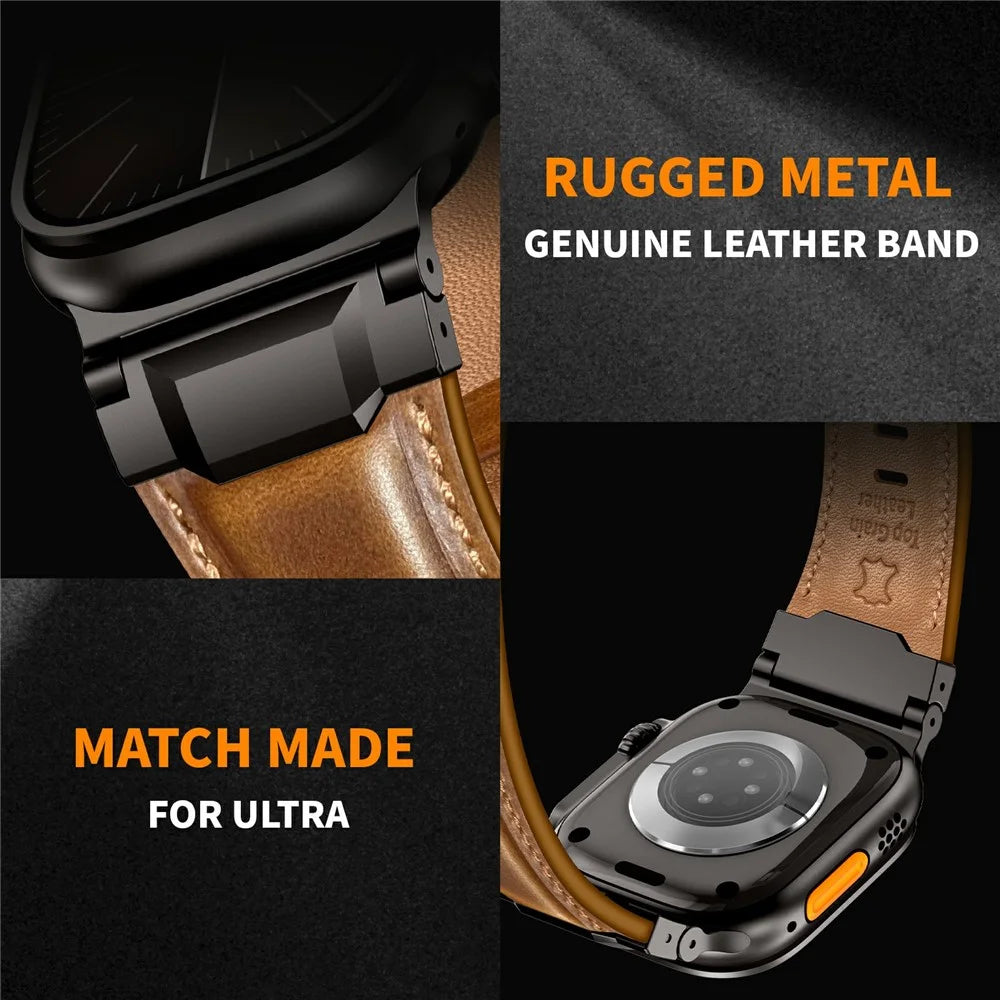Top Layer Cowhide Leather Strap for Apple Watch Ultra 3 2 1 49mm  /  Series 11 10 46mm  /  9 8 7 45mm  /  SE3 SE2 SE 6 5 4 44mm  /  3 2 1 42mm Watch Band with Stainless Steel Connector - Retro Brown / Black Buckle - 7