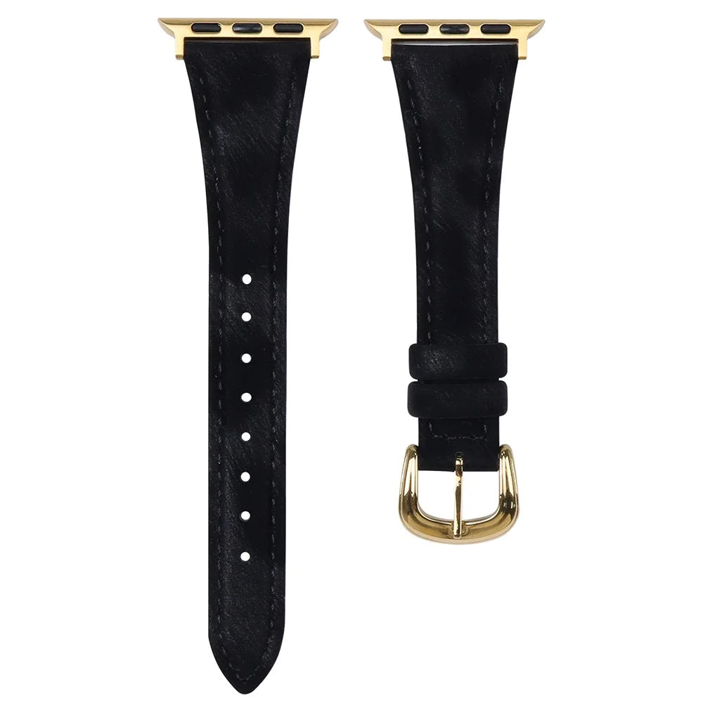 Genuine Leather Band for Apple Watch Series 11 10 42mm  /  9 8 7 41mm  /  SE3 SE2 SE 6 5 4 40mm  /  3 2 1 38mm Slim Silky Design Watch Strap with Stainless Steel Buckle - Black / Gold - 1