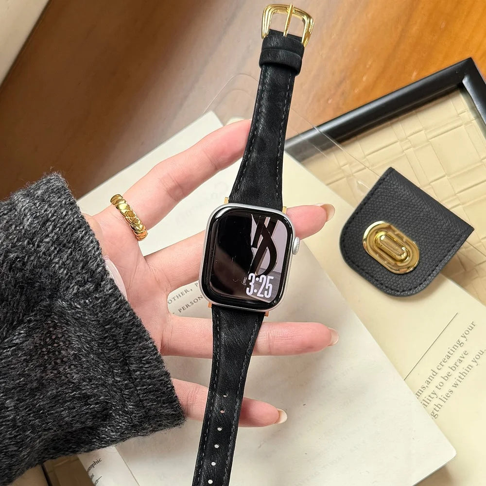 Genuine Leather Band for Apple Watch Series 11 10 42mm  /  9 8 7 41mm  /  SE3 SE2 SE 6 5 4 40mm  /  3 2 1 38mm Slim Silky Design Watch Strap with Stainless Steel Buckle - Black / Gold - 3