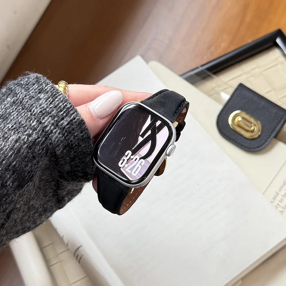Genuine Leather Band for Apple Watch Series 11 10 42mm  /  9 8 7 41mm  /  SE3 SE2 SE 6 5 4 40mm  /  3 2 1 38mm Slim Silky Design Watch Strap with Stainless Steel Buckle - Black / Gold - 4