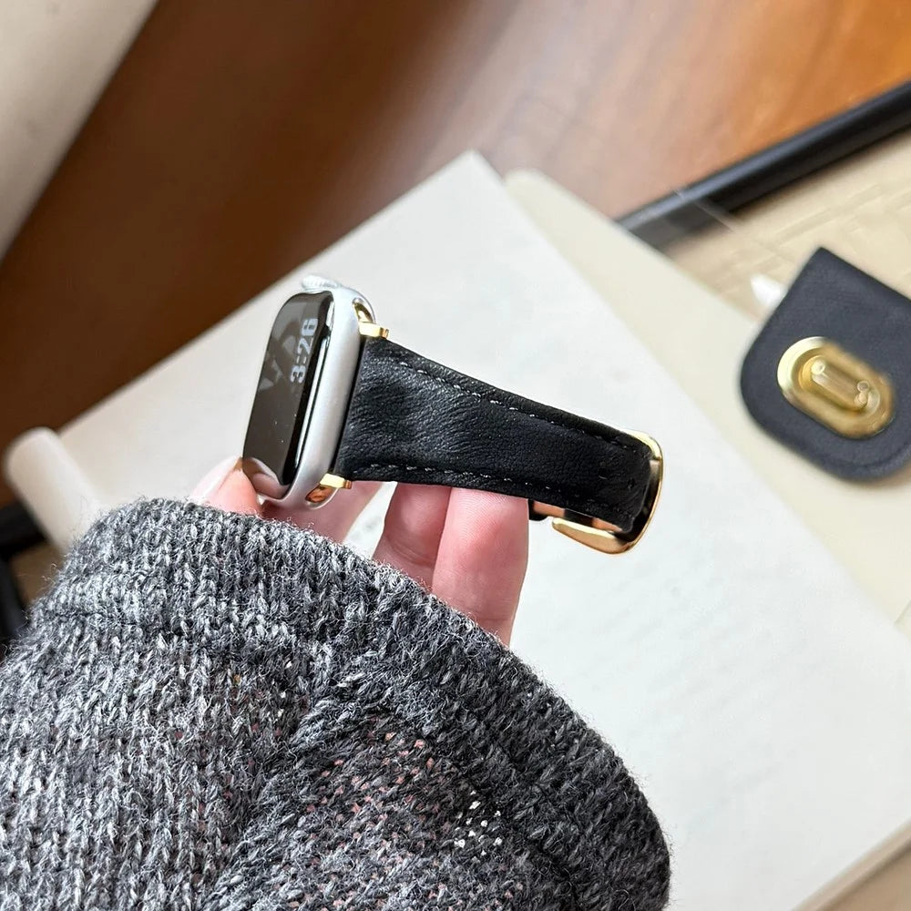 Genuine Leather Band for Apple Watch Series 11 10 42mm  /  9 8 7 41mm  /  SE3 SE2 SE 6 5 4 40mm  /  3 2 1 38mm Slim Silky Design Watch Strap with Stainless Steel Buckle - Black / Gold - 5