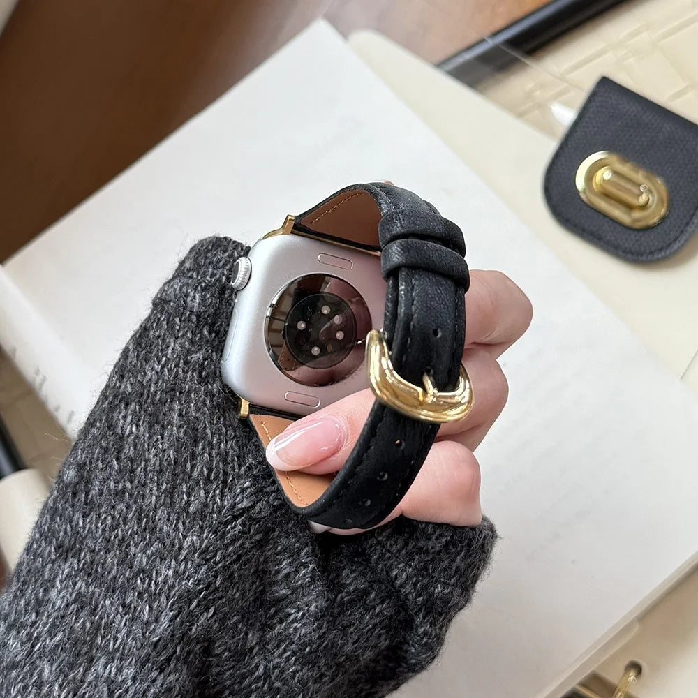 Genuine Leather Band for Apple Watch Series 11 10 42mm  /  9 8 7 41mm  /  SE3 SE2 SE 6 5 4 40mm  /  3 2 1 38mm Slim Silky Design Watch Strap with Stainless Steel Buckle - Black / Gold - 6