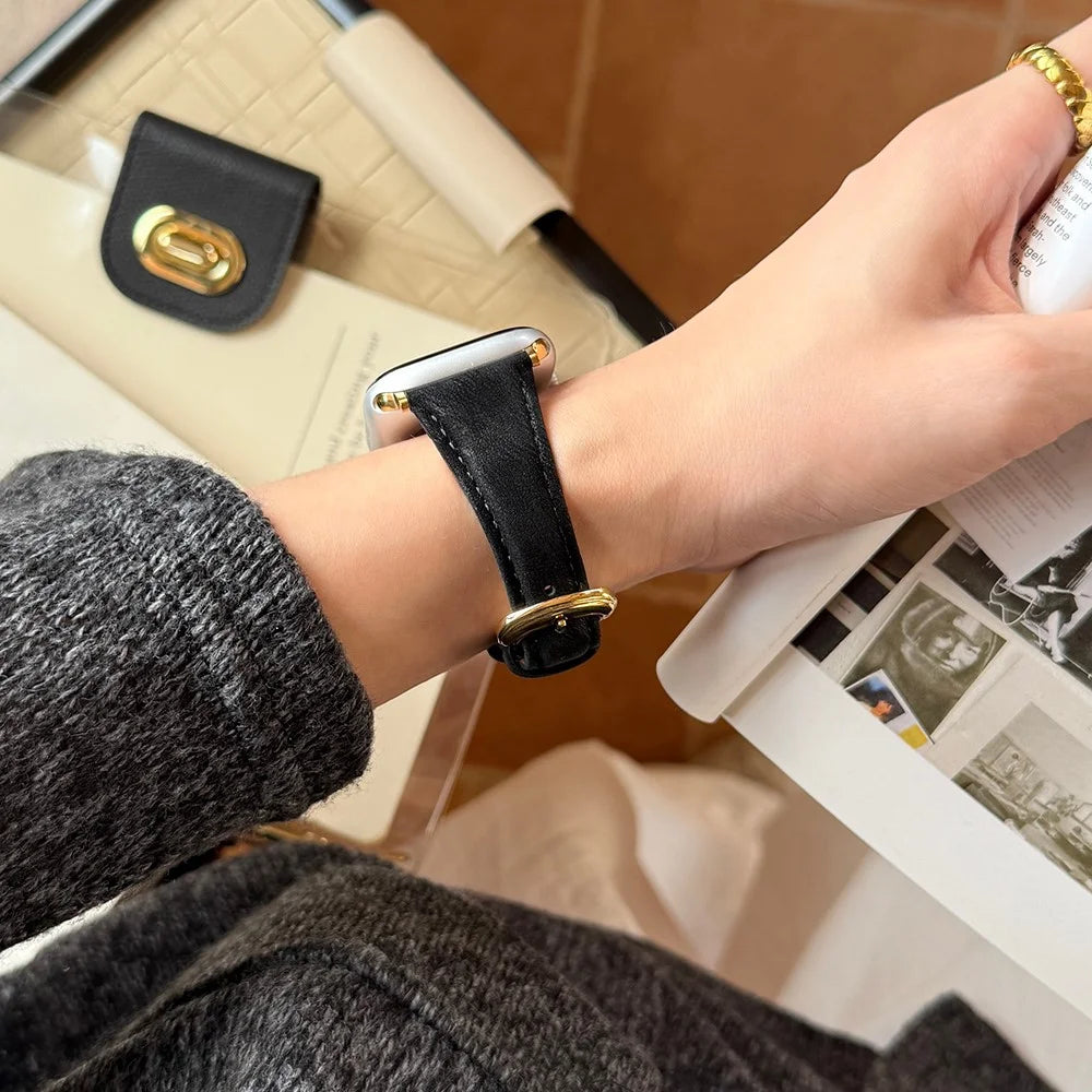 Genuine Leather Band for Apple Watch Series 11 10 42mm  /  9 8 7 41mm  /  SE3 SE2 SE 6 5 4 40mm  /  3 2 1 38mm Slim Silky Design Watch Strap with Stainless Steel Buckle - Black / Gold - 7