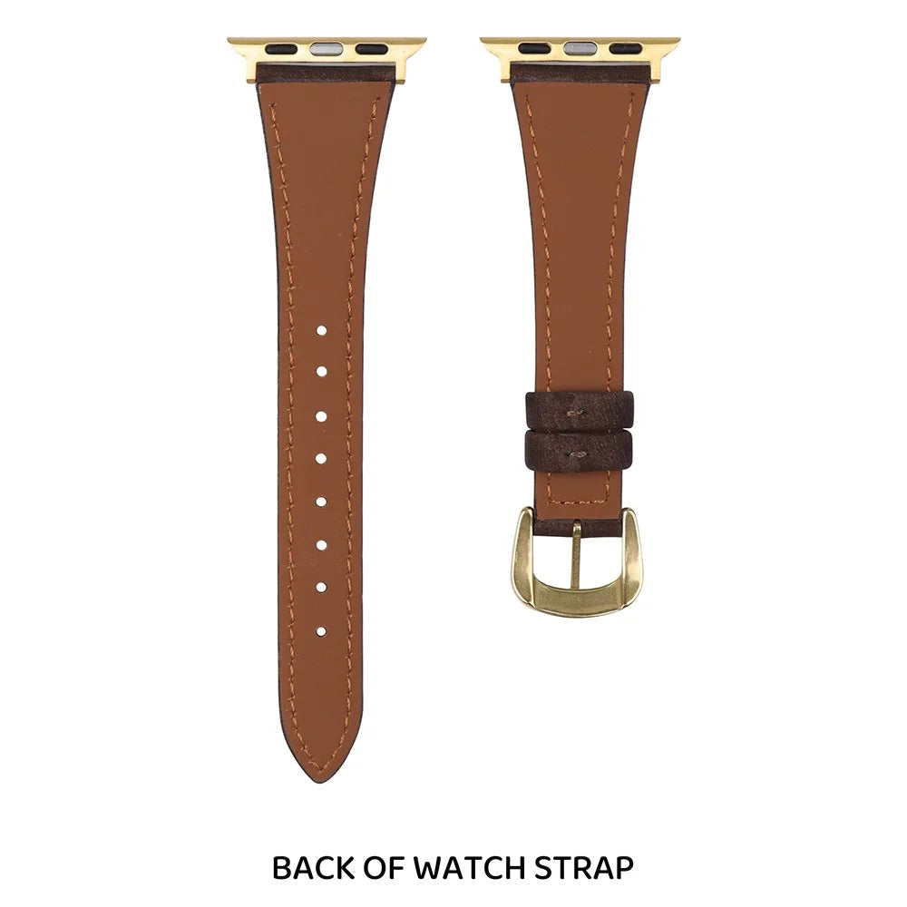 Genuine Leather Band for Apple Watch Ultra 3 2 1 49mm  /  Series 11 10 46mm  /  9 8 7 45mm  /  SE3 SE2 SE 6 5 4 44mm  /  3 2 1 42mm Slim Silky Design Watch Strap with Stainless Steel Buckle - Black / Gold - 2