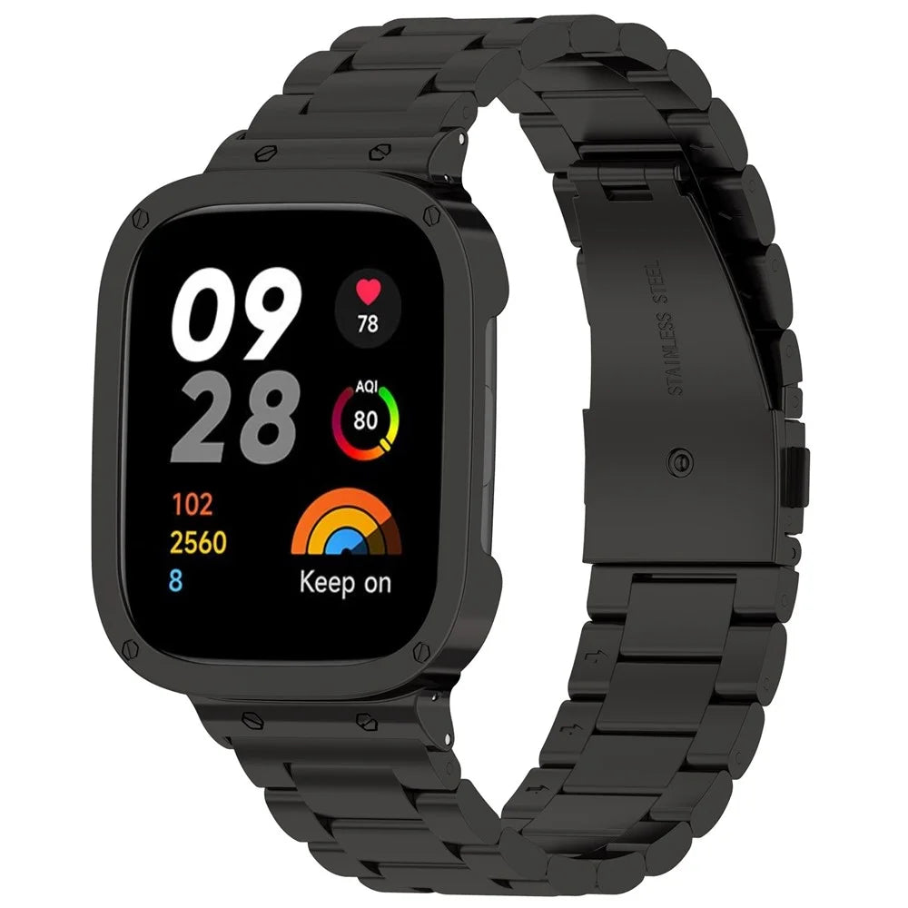 For Xiaomi Redmi Watch 5 Band 3-Bead Stainless Steel Watch Strap with Frame Cover - Black - 1