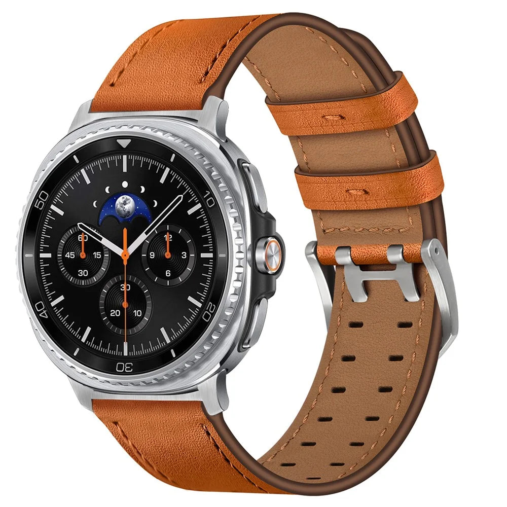 Adjustable Strap for Samsung Galaxy Watch8 44mm / 40mm / Watch8 Classic 46mm Double Row Buckle Genuine Cow Leather Watch Band - Orange - 2