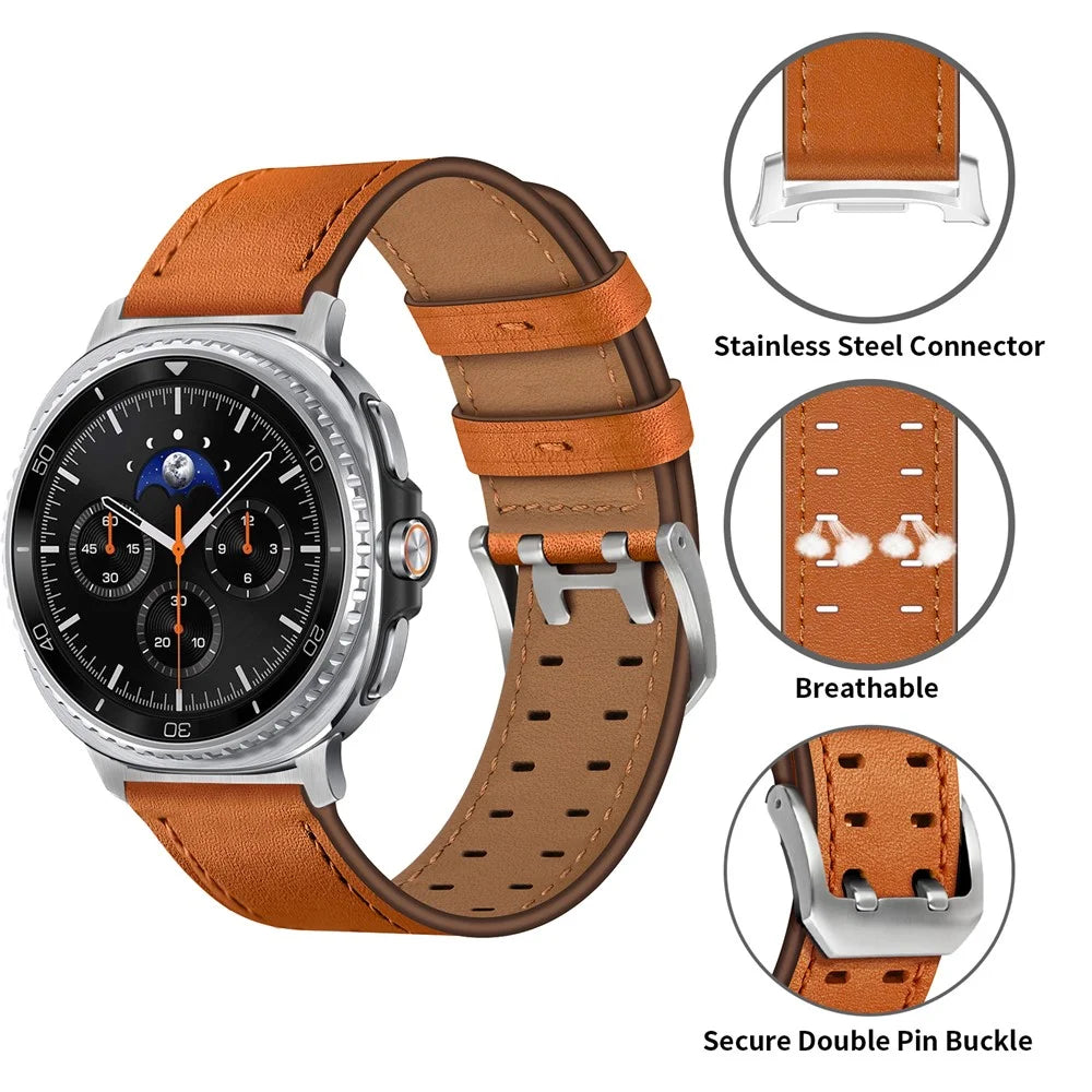 Adjustable Strap for Samsung Galaxy Watch8 44mm / 40mm / Watch8 Classic 46mm Double Row Buckle Genuine Cow Leather Watch Band - Orange - 3