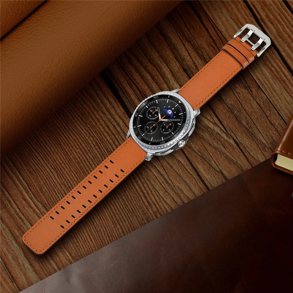 Adjustable Strap for Samsung Galaxy Watch8 44mm / 40mm / Watch8 Classic 46mm Double Row Buckle Genuine Cow Leather Watch Band - Orange - 4