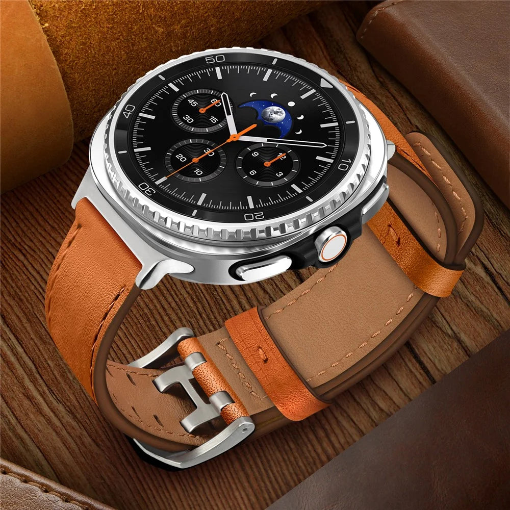 Adjustable Strap for Samsung Galaxy Watch8 44mm / 40mm / Watch8 Classic 46mm Double Row Buckle Genuine Cow Leather Watch Band - Orange - 5