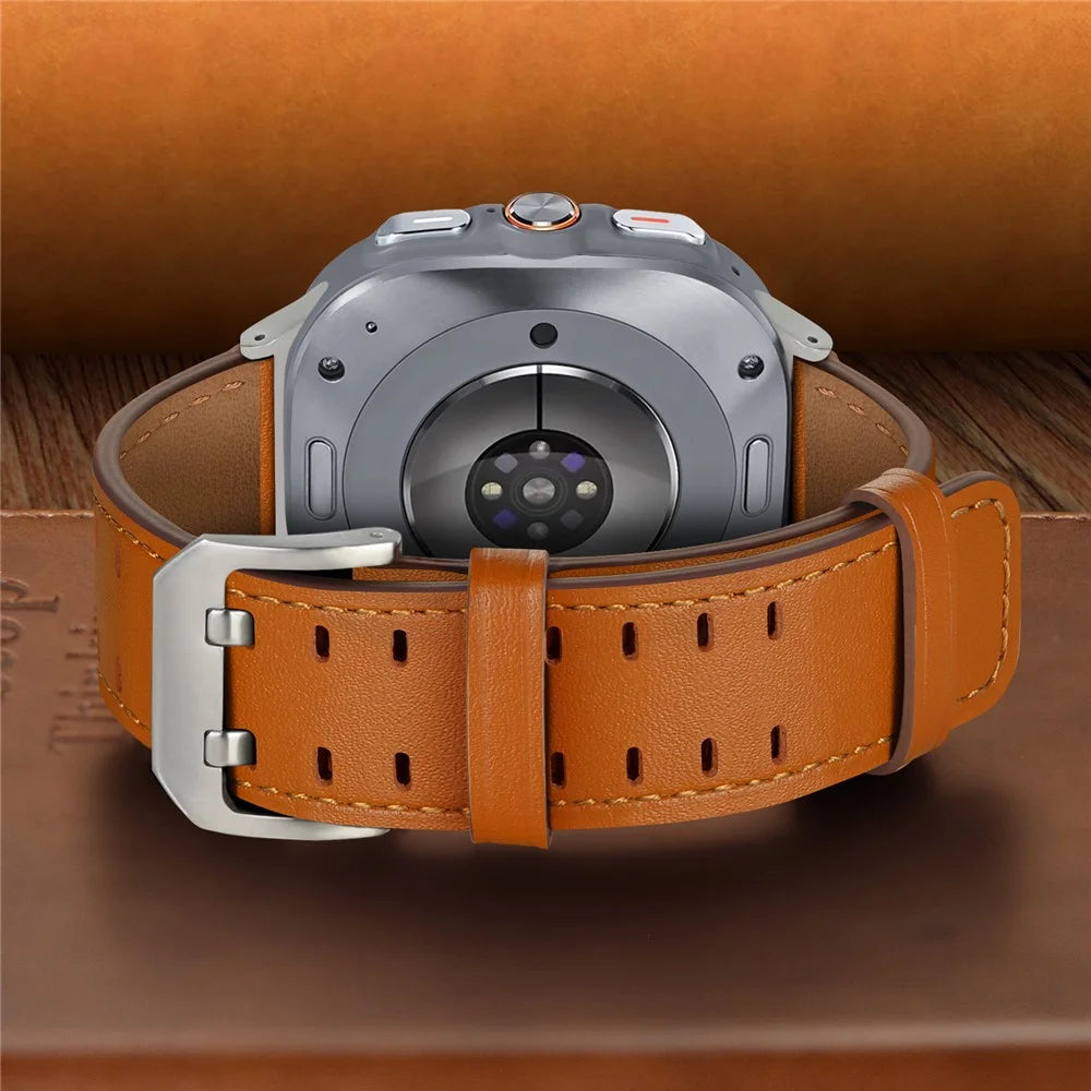 Adjustable Strap for Samsung Galaxy Watch8 44mm / 40mm / Watch8 Classic 46mm Double Row Buckle Genuine Cow Leather Watch Band - Orange - 6