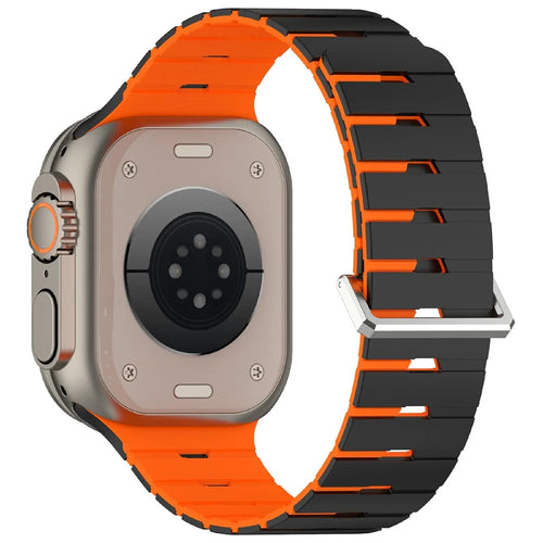 Harmonica Design Silicone Strap for Apple Watch Series 11 10 42mm  /  9 8 7 41mm  /  SE3 SE2 SE 6 5 4 40mm  /  3 2 1 38mm Dual Color Magnetic Watch Band - Black / Orange - 1
