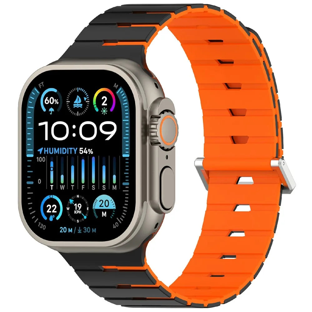 Harmonica Design Silicone Strap for Apple Watch Ultra 3 2 1 49mm  /  Series 11 10 46mm  /  9 8 7 45mm  /  SE3 SE2 SE 6 5 4 44mm  /  3 2 1 42mm Dual Color Magnetic Watch Band - Black / Orange - 2