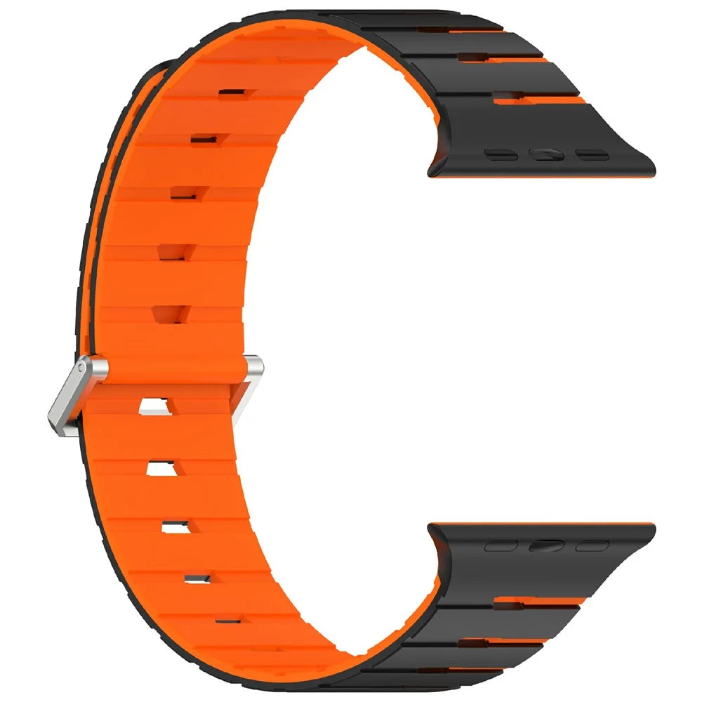 Harmonica Design Silicone Strap for Apple Watch Ultra 3 2 1 49mm  /  Series 11 10 46mm  /  9 8 7 45mm  /  SE3 SE2 SE 6 5 4 44mm  /  3 2 1 42mm Dual Color Magnetic Watch Band - Black / Orange - 3