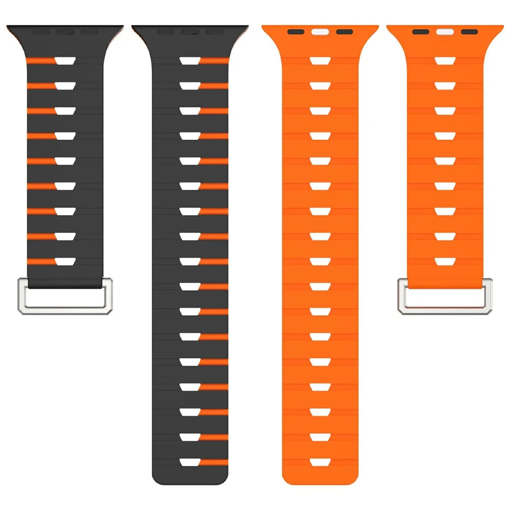 Harmonica Design Silicone Strap for Apple Watch Ultra 3 2 1 49mm  /  Series 11 10 46mm  /  9 8 7 45mm  /  SE3 SE2 SE 6 5 4 44mm  /  3 2 1 42mm Dual Color Magnetic Watch Band - Black / Orange - 4