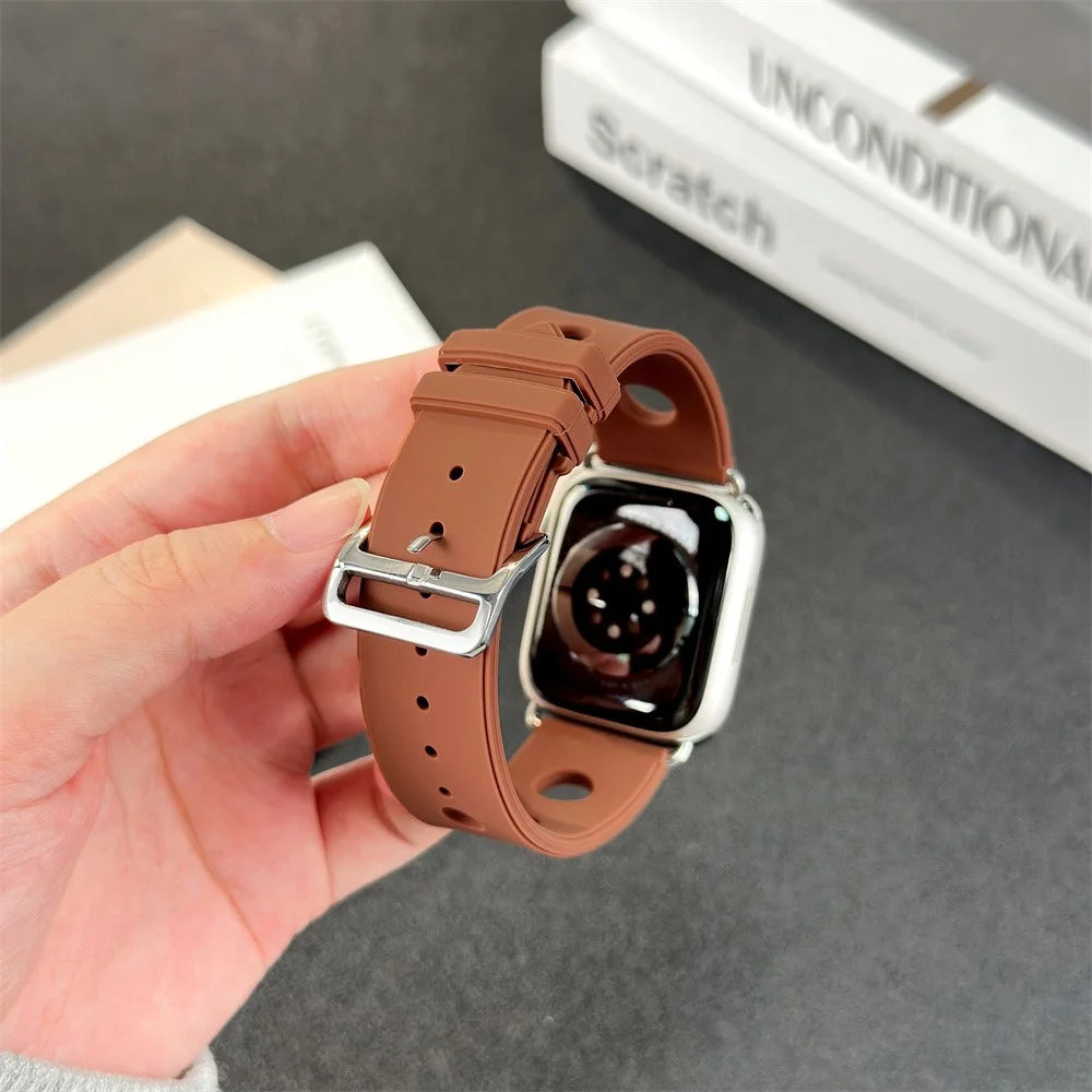 Silicone Watch Band for Apple Watch Series 11 10 42mm / 9 8 7 41mm / SE3 SE2 SE 6 5 4 40mm / 3 2 1 38mm Holes Design Strap - Brown - 4