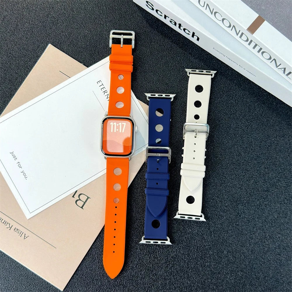 Silicone Watch Band for Apple Watch Series 11 10 42mm / 9 8 7 41mm / SE3 SE2 SE 6 5 4 40mm / 3 2 1 38mm Holes Design Strap - Brown - 7