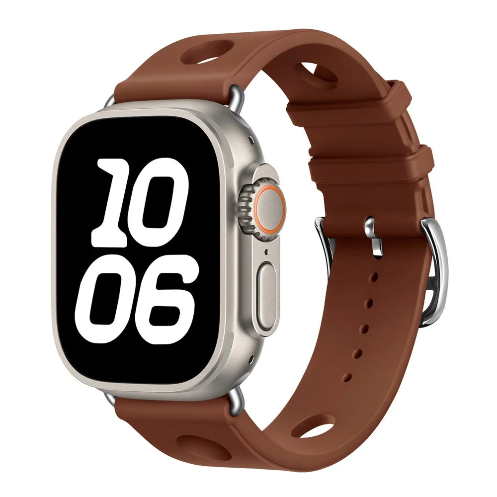 Silicone Watch Band for Apple Watch Ultra 3 2 1 49mm / Series 11 10 46mm / 9 8 7 45mm / SE3 SE2 SE 6 5 4 44mm / 3 2 1 42mm Holes Design Strap - Brown - 2