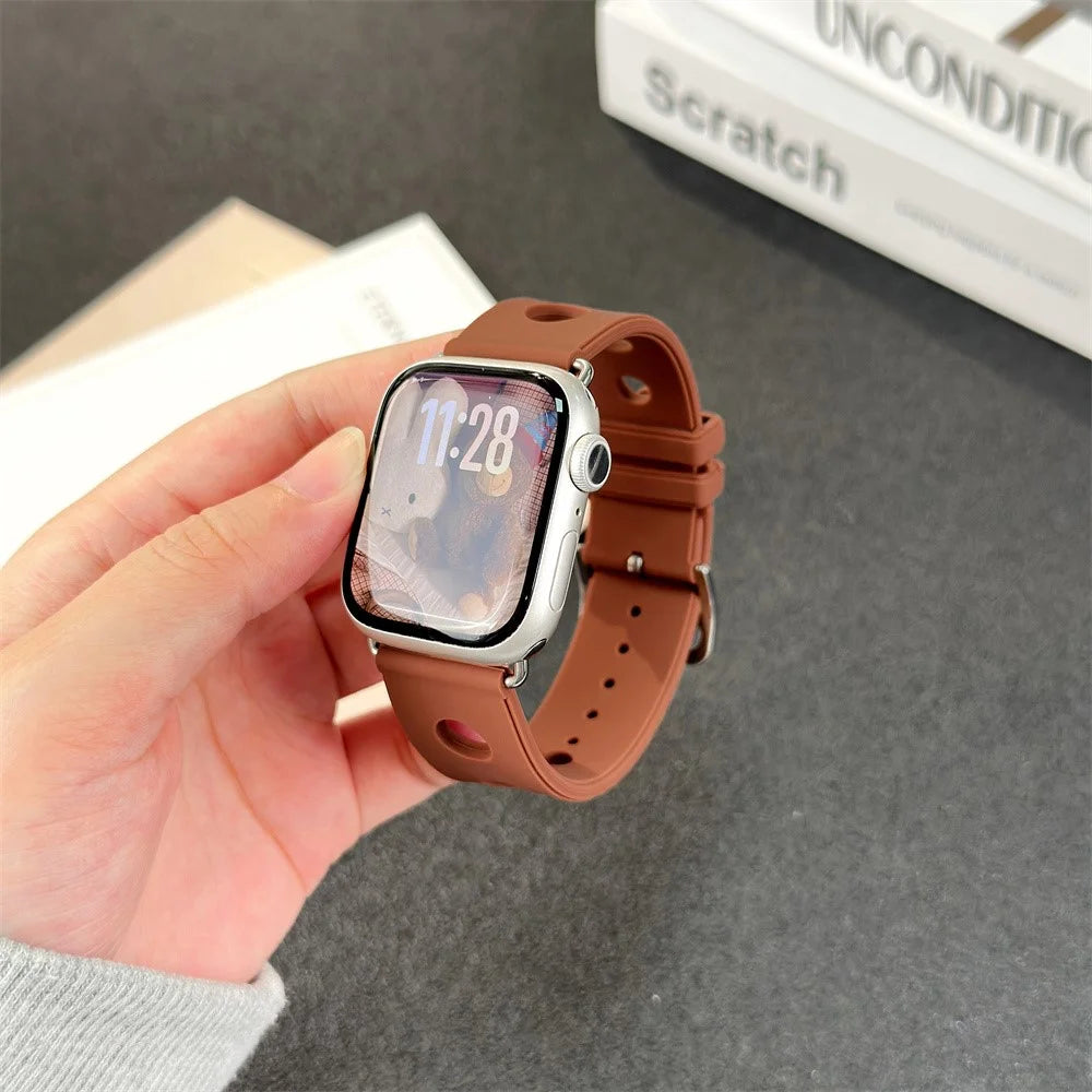 Silicone Watch Band for Apple Watch Ultra 3 2 1 49mm / Series 11 10 46mm / 9 8 7 45mm / SE3 SE2 SE 6 5 4 44mm / 3 2 1 42mm Holes Design Strap - Brown - 3