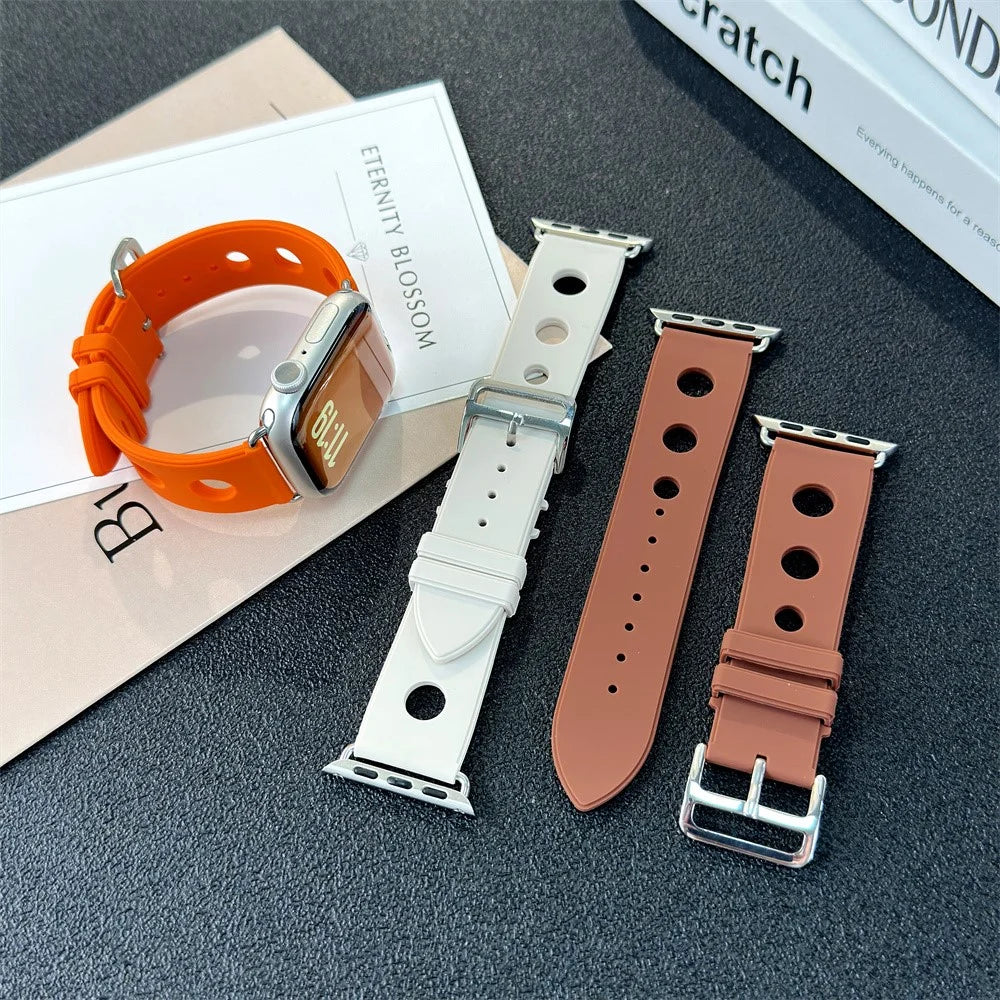 Silicone Watch Band for Apple Watch Ultra 3 2 1 49mm / Series 11 10 46mm / 9 8 7 45mm / SE3 SE2 SE 6 5 4 44mm / 3 2 1 42mm Holes Design Strap - Brown - 6