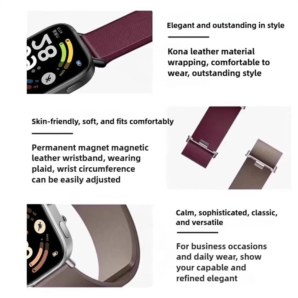 Magnetic Strap for Xiaomi Smart Band 10 Pro / 9 Pro / 8 Pro / Redmi Watch 6 / 5 / 4 Top Layer Cowhide Leather Watch Band - Raspberry - 4