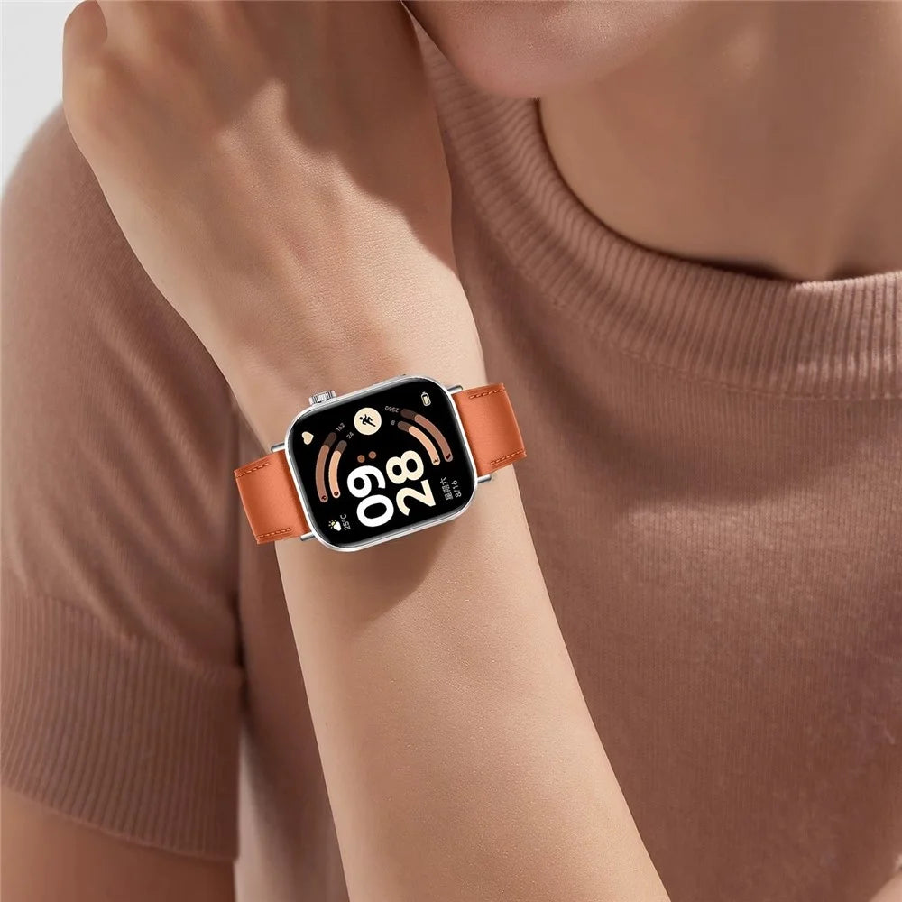 Genuine Leather Strap for Xiaomi Smart Band 10 Pro / 9 Pro / 8 Pro / Redmi Watch 6 / 5 / 4 Replacement Watch Band with Metal Buckle - Orange - 6