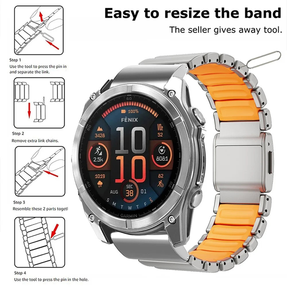 26mm 1-Bead Watch Strap For Garmin Fenix 8 Pro AMOLED 51mm / 8 51mm / Enduro 3 / Enduro 2 Titanium Alloy Band with Magnetic Buckle - Titanium / Orange - 3