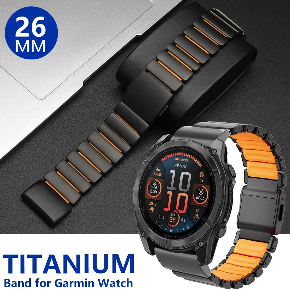 26mm 1-Bead Watch Strap For Garmin Fenix 8 Pro AMOLED 51mm / 8 51mm / Enduro 3 / Enduro 2 Titanium Alloy Band with Magnetic Buckle - Titanium / Orange - 4